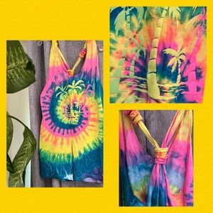 Sun Triangle Tie Dye Romper with Pockets and Knot/Open Back